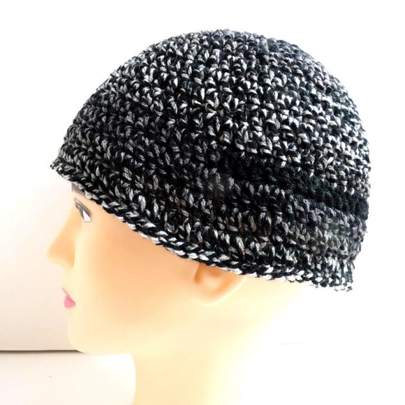 McCoyKnits.com Accessories - Handmade Crochet Stripe Beanie OS Spring Cap Black and White Warm Hat Hand Knit
